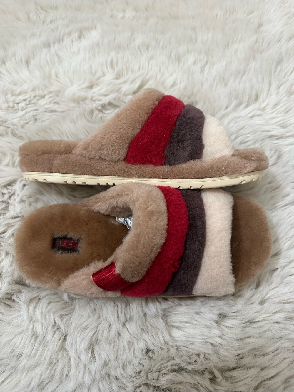UGG Women's Tan Red Brown Cream Multi-Stripe Shearling Slide Slippers
